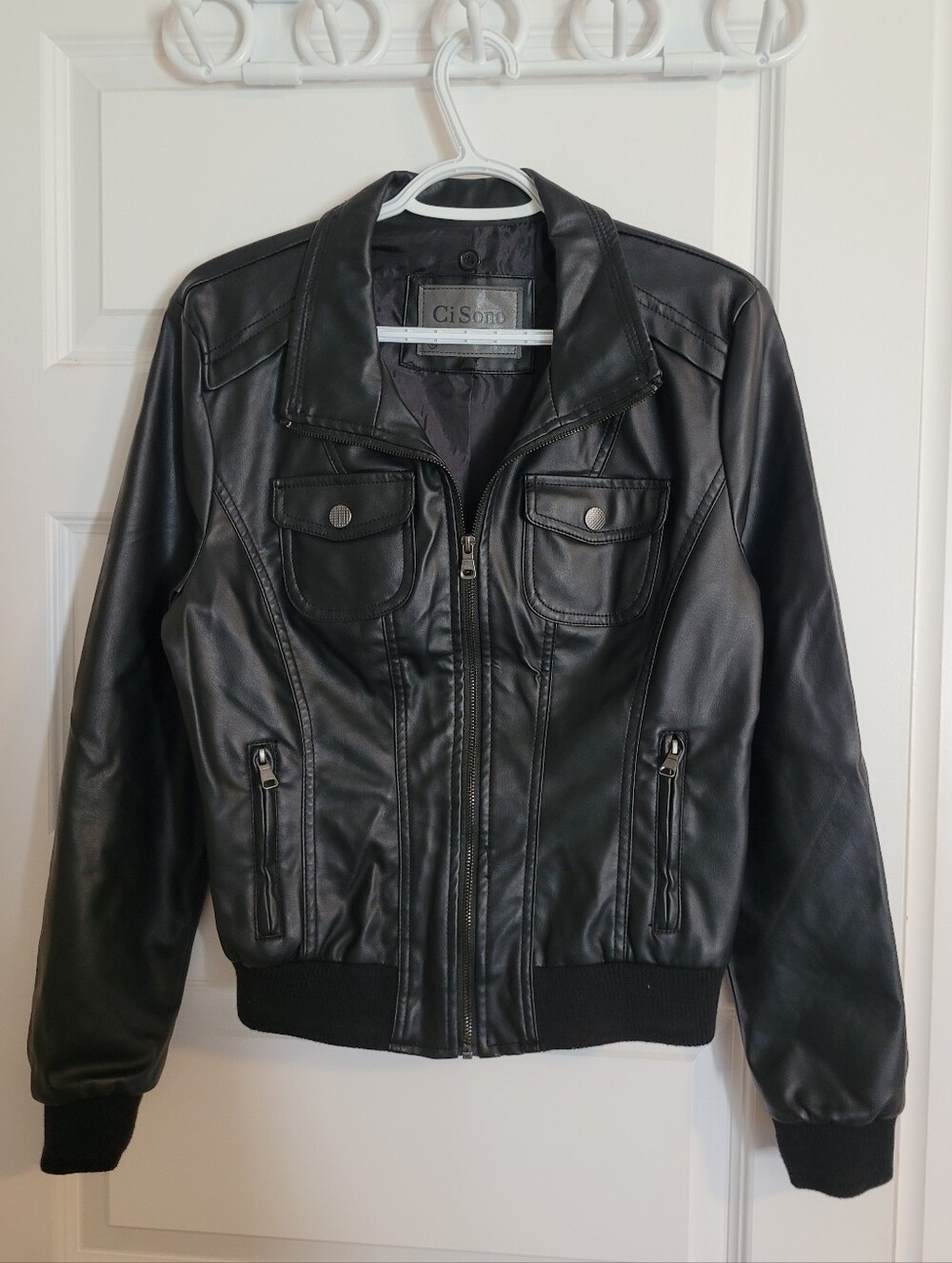 CiSono Women's Black Faux Leather Bomber Jacket